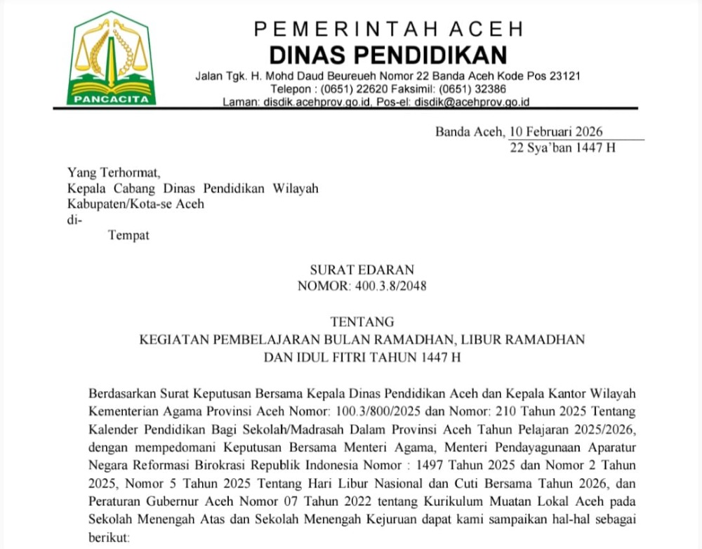 Disdik Aceh Terbitkan Edaran Pembelajaran Ramadhan 1447 H, Perkuat Karakter dan Iman Peserta Didik 1 1.1 1