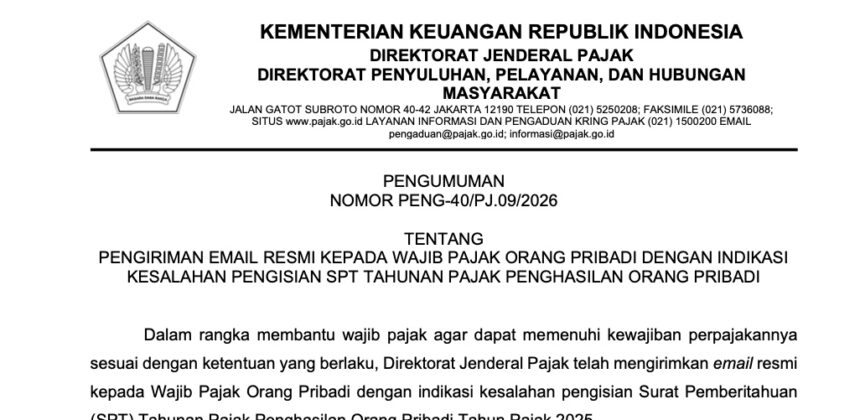 DJP Kirim Email Peringatan untuk Wajib Pajak Salah Isi SPT