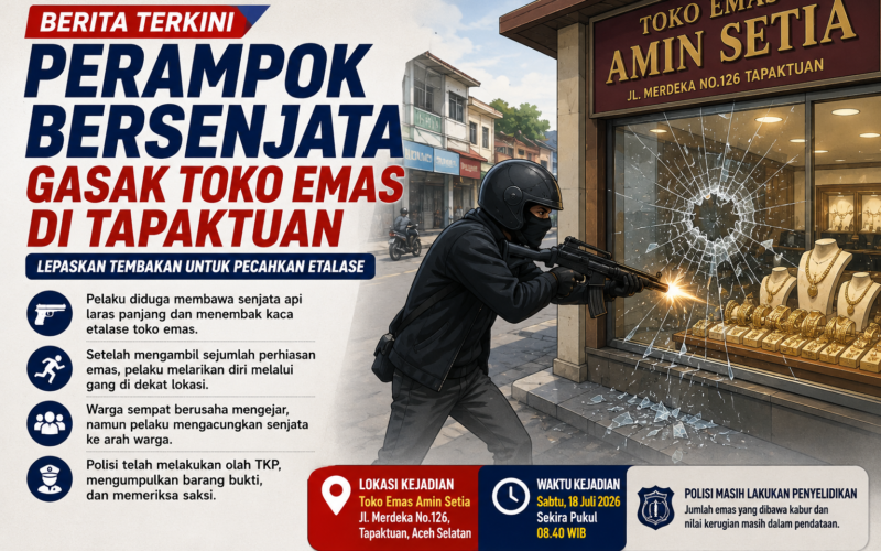 Perampok Bersenjata Gasak Toko Emas di Tapaktuan, Lepaskan Tembakan untuk Pecahkan Etalase